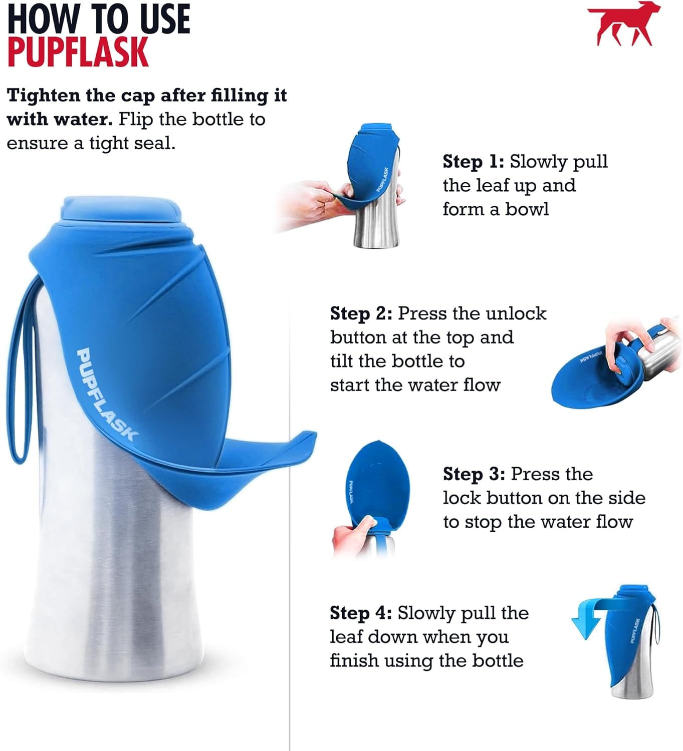 Pupflask Large Dog Water Bottle | 27 or 40 OZ Stainless Steel | Convenient Dog Drink Dispenser | Puppy Travel Water Bowl | Portable Pet Hydration Bottle | Leak Proof | Perfect Size for All Breeds