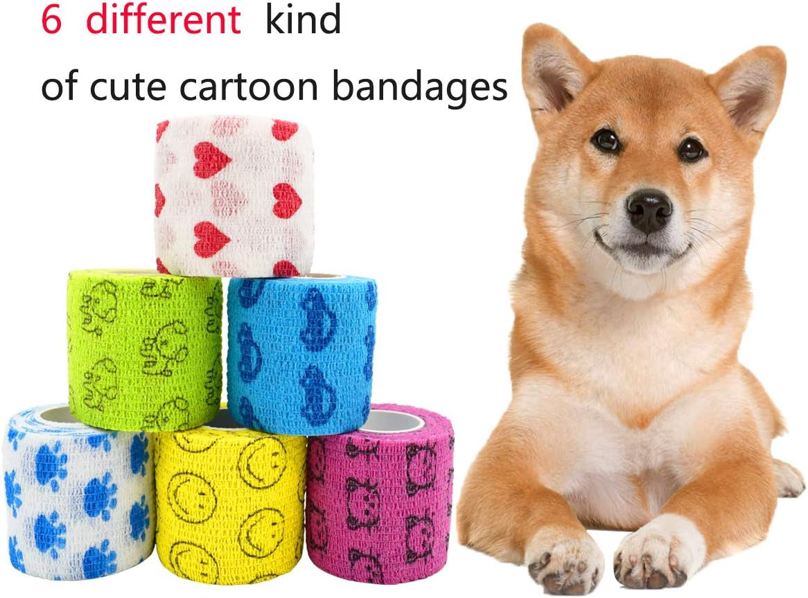 Stmandy Vet Tape Wrap, Wrap Bandage 2 Inch 6 Rolls,Adhesive Wrap Bandage for the Person or the Pets (Cat,Dogs,Horse and Other Animal) Who Was Injure or Have Wounds (Cartoon 6Pcs)