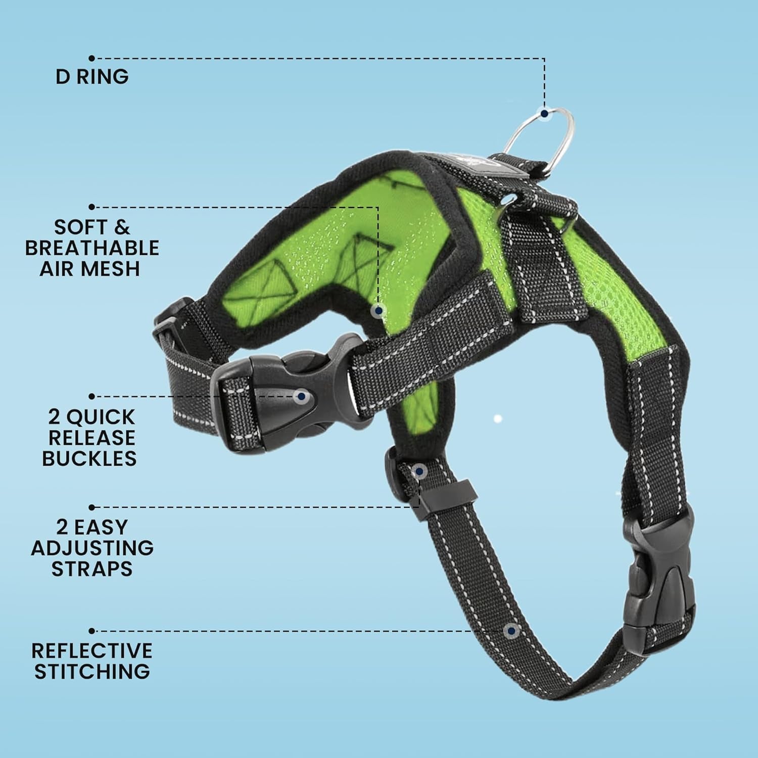 No Pull Reflective Adjustable Dog Harness with Handle- Comfortable Soft All Weather Mesh, Easy on Puppy Harness for Small Medium and Large Dogs (Green) X-Large