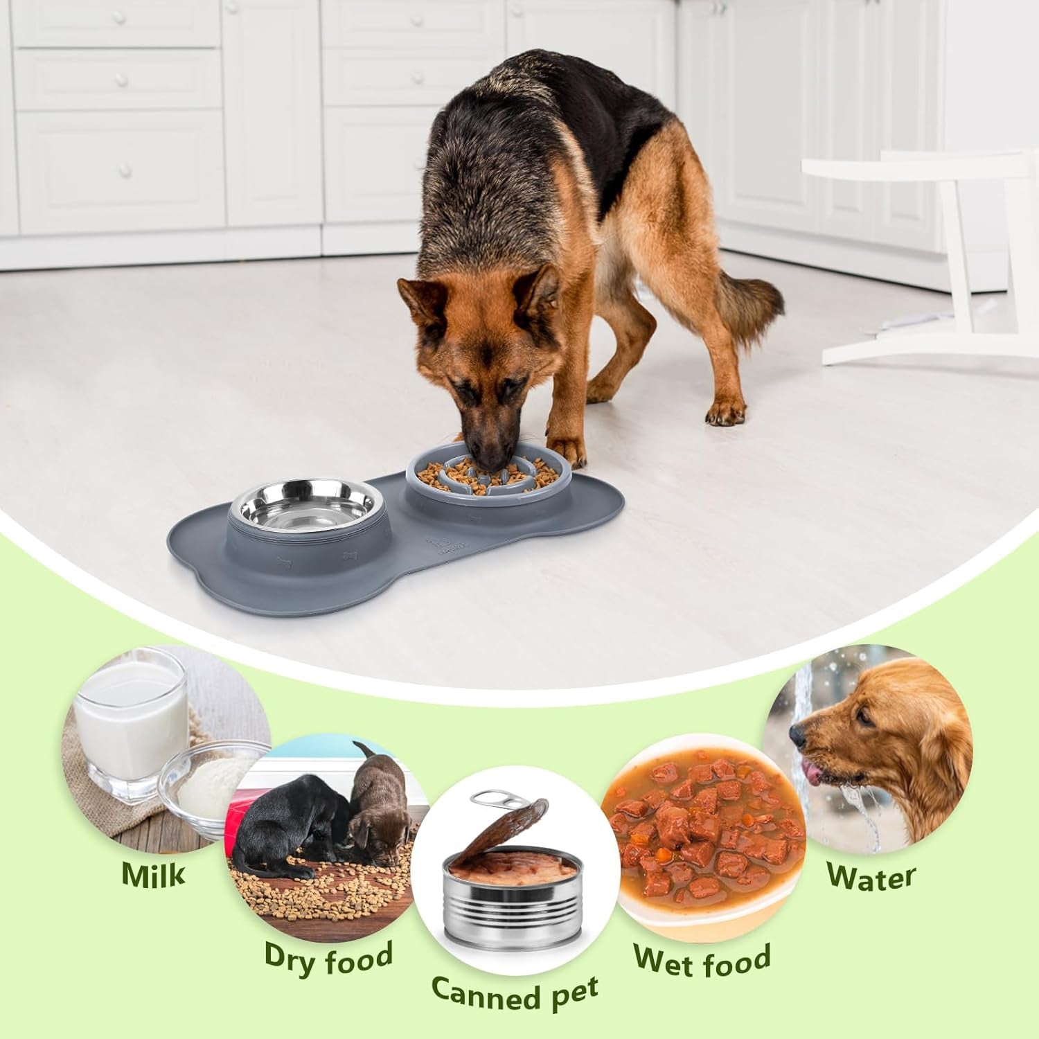 Slow Feeder Dog Bowls to Slow down Eating, Dog Bowl Slow Feeder with No-Spill Non-Skid Silicone Mat, Food-Grade Safe Dog Food Bowls Slow Feeder, Stainless Steel Dog Water Bowl for Dogs Cats