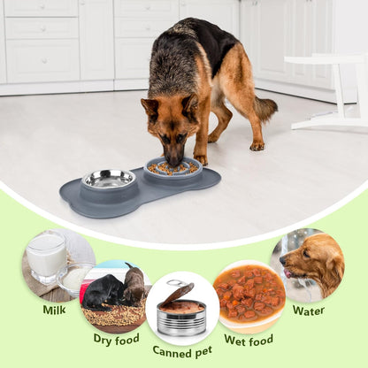 Slow Feeder Dog Bowls to Slow down Eating, Dog Bowl Slow Feeder with No-Spill Non-Skid Silicone Mat, Food-Grade Safe Dog Food Bowls Slow Feeder, Stainless Steel Dog Water Bowl for Dogs Cats