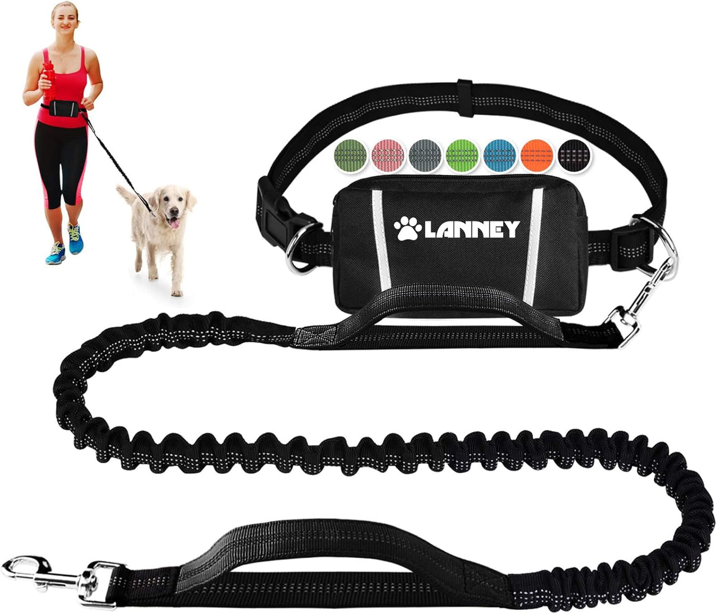 Hands Free Dog Leash, Waist Running Leash with Zipper, Walking Pouch for Medium Large Dogs, Dual Handle and Retractable Bungee for Training Jogging Hiking