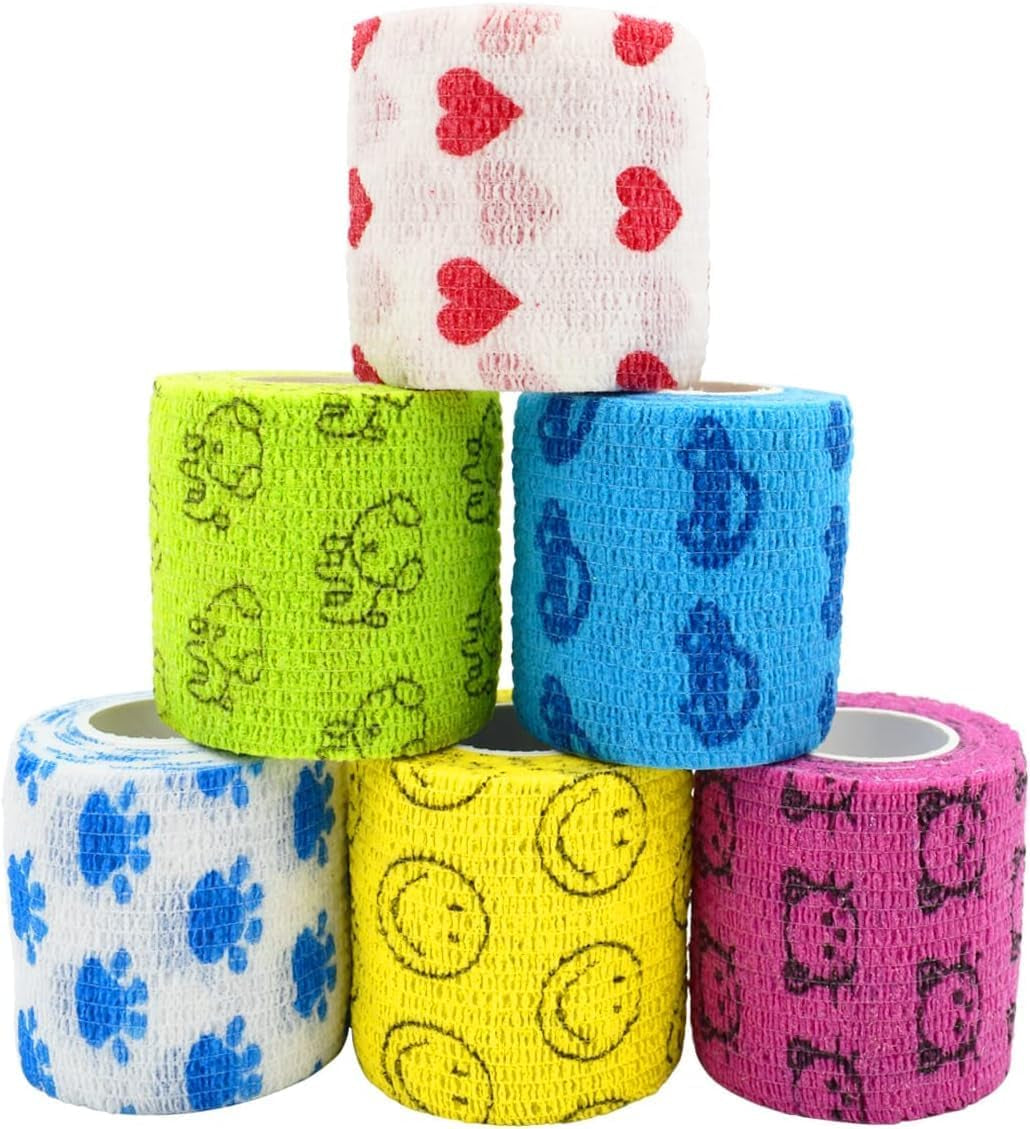 Stmandy Vet Tape Wrap, Wrap Bandage 2 Inch 6 Rolls,Adhesive Wrap Bandage for the Person or the Pets (Cat,Dogs,Horse and Other Animal) Who Was Injure or Have Wounds (Cartoon 6Pcs)