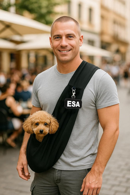 Small Emotional Support Dog Sling Carrier with ID Tag | Ez-Sling for Small Dogs | Includes Five ESA Handout Cards | Comfortable Alternative to Conventional Pet Carriers