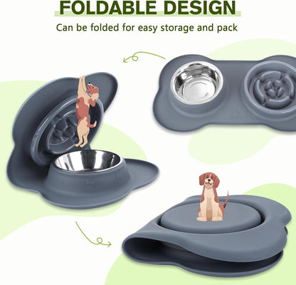 Slow Feeder Dog Bowls to Slow down Eating, Dog Bowl Slow Feeder with No-Spill Non-Skid Silicone Mat, Food-Grade Safe Dog Food Bowls Slow Feeder, Stainless Steel Dog Water Bowl for Dogs Cats