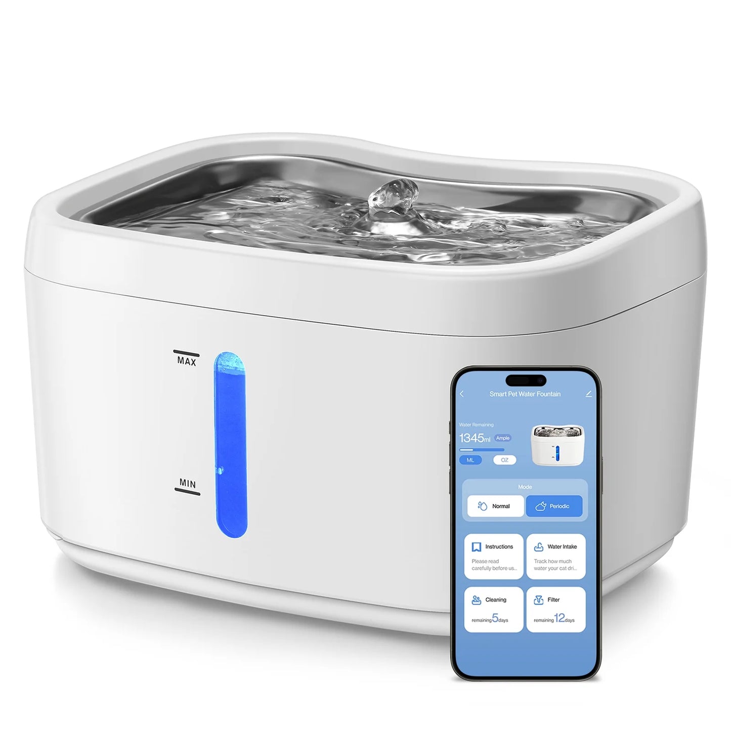 Cat Water Fountain with Phone App Monitoring, 2.5L Automatic Pet Water Fountain with Quiet Pump Inside, Smart Fountain with Magnetic Tray for Cats, Dogs, Pets