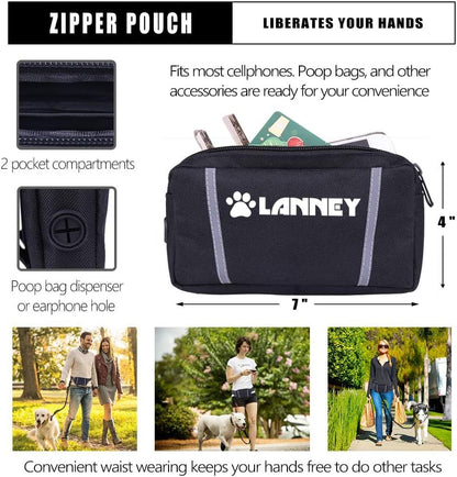 Hands Free Dog Leash, Waist Running Leash with Zipper, Walking Pouch for Medium Large Dogs, Dual Handle and Retractable Bungee for Training Jogging Hiking