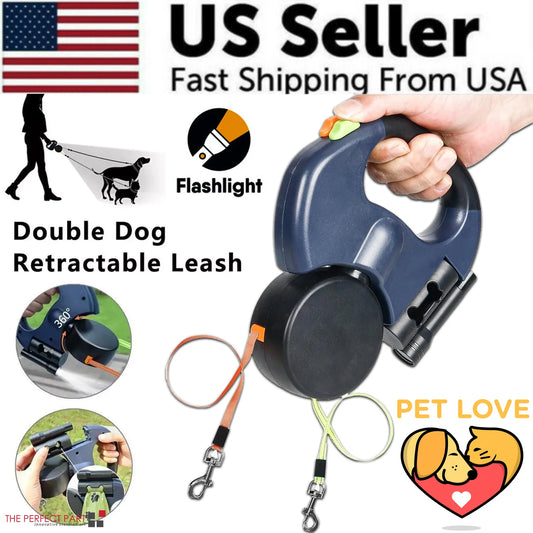 Dual Pet Leash Retractable Reflective Lead 360 Swivel Double Dog Walking Leash