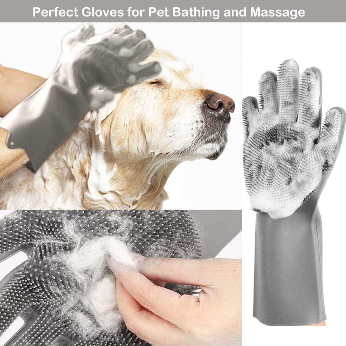 Pet Grooming Glove for Bathing and Hair Removal, Dogs and Cats Bath Shampoo Brush, Soft and Durable Silicone Scrubber Glove for Pets - Grey
