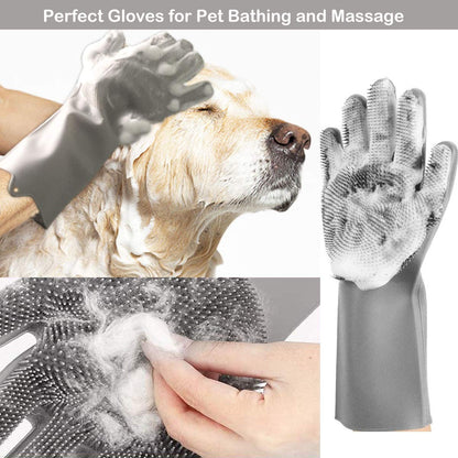 Pet Grooming Glove for Bathing and Hair Removal, Dogs and Cats Bath Shampoo Brush, Soft and Durable Silicone Scrubber Glove for Pets - Grey