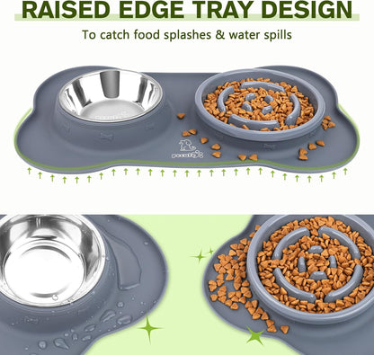 Slow Feeder Dog Bowls to Slow down Eating, Dog Bowl Slow Feeder with No-Spill Non-Skid Silicone Mat, Food-Grade Safe Dog Food Bowls Slow Feeder, Stainless Steel Dog Water Bowl for Dogs Cats