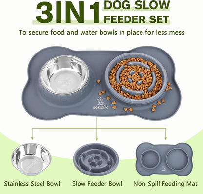Slow Feeder Dog Bowls to Slow down Eating, Dog Bowl Slow Feeder with No-Spill Non-Skid Silicone Mat, Food-Grade Safe Dog Food Bowls Slow Feeder, Stainless Steel Dog Water Bowl for Dogs Cats
