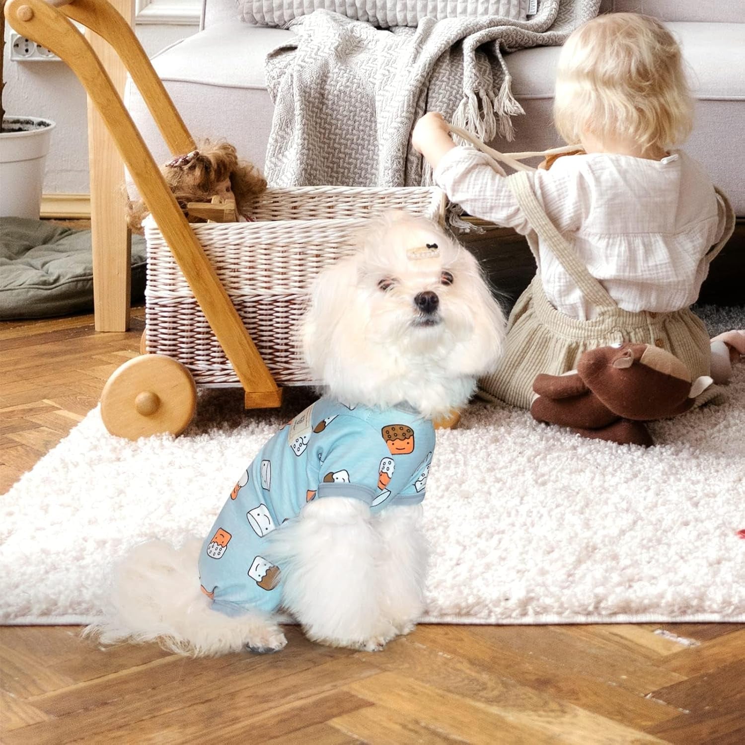 Dog Pajamas, Soft Breathable Dog Jumpsuit with Cute Smile Cupcake, 4 Legged Dogs Shirt for Small Medium Dogs (Blue, Cupcake, L)