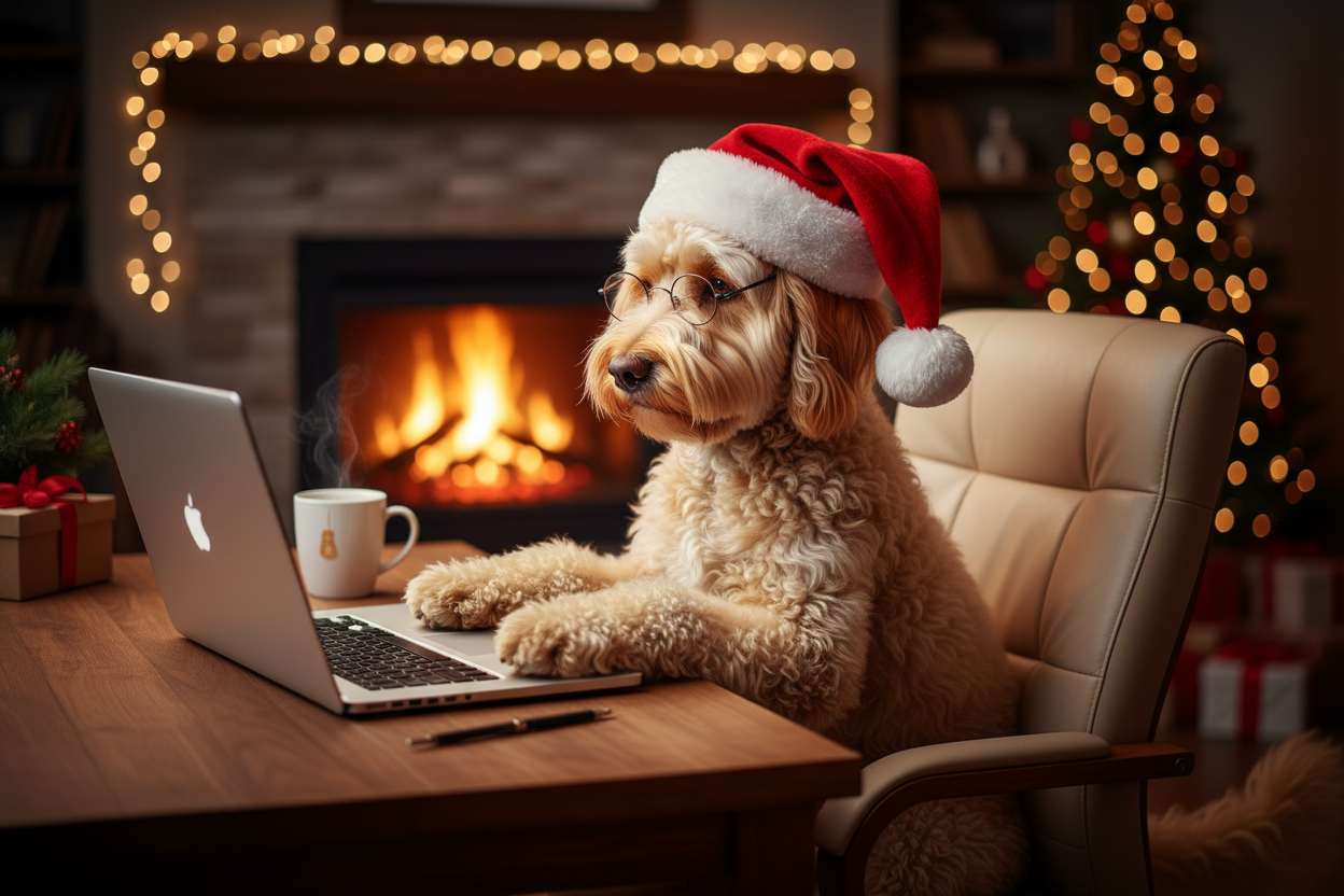 Labradoodle using a laptop with glasses and santa hat